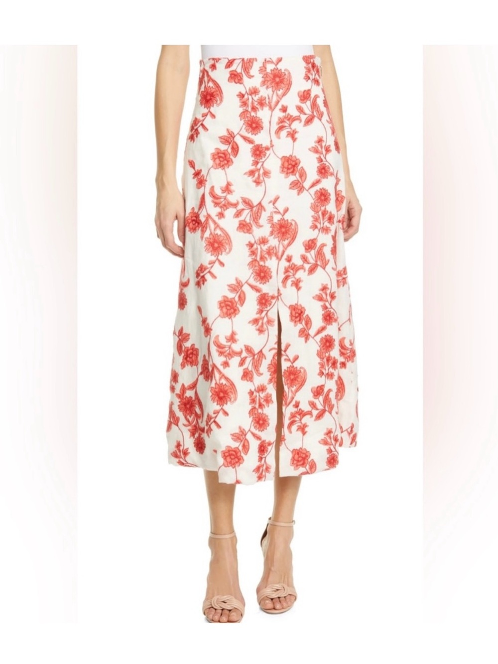 NWT Rebecca Taylor Scarlet Embroidered Linen Skirt Ivory Red Coral Size 6 - Picture 15 of 15